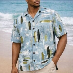 KAHALA‎ Hawaiian Shirt Men S Blue Surf Boards Linen USA Handmade VTG